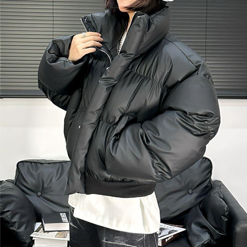 Зимнее Ретро ПУ Кожа Свободное Короткое Хлопковое Пальто Женское Пальто с Толстым Воротником-стойкой Хлопковое Пальто