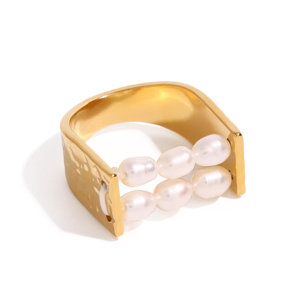 Youthway Double-Layer Freshwater Pearl Stainless Steel Ring For Unisex  Gold Color Luxury Daily Jewelry Matching Gift