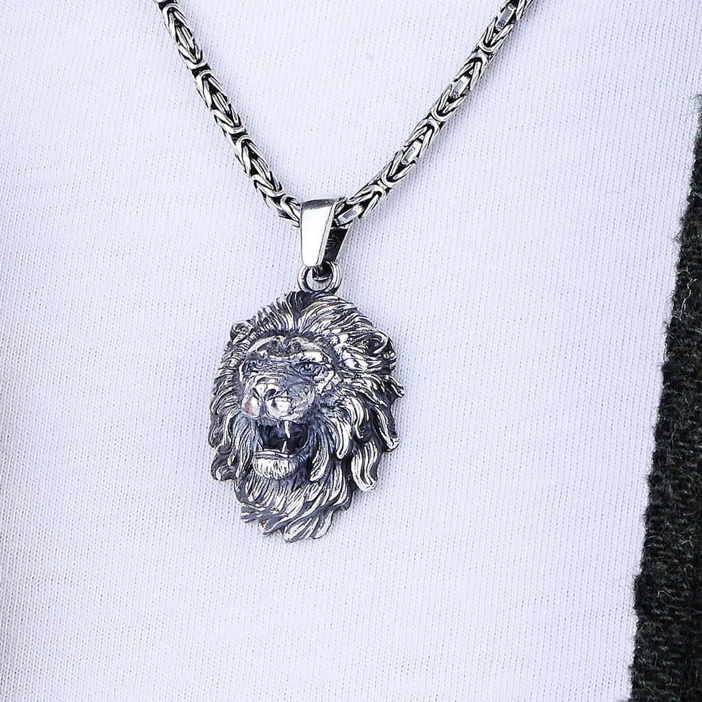 925K Sterling Silver Lion Head Pendant Necklace with Byzantine Chain,  Handcrafted Turkish Animal Jewelry for Men,  Unique Men's Gift Idea