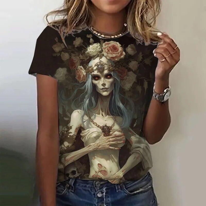 Летние футболки с 3D-принтом черепа для женщин, уличные футболки ужасов, повседневная мода, футболки с коротким рукавом и круглым вырезом, футболки больших размеров, топы, одежда