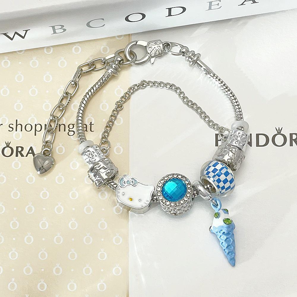 Розовый браслет Pandora Hello Kitty - Милый мультяшный кот, шарм-браслет, бижутерия