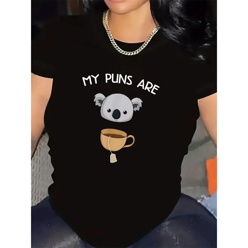 Short Sleeve T-Shirt For Women With Koala And Tea Cup Puns Design | Perfect For Casual Wear At Home Or Cafe, Fun And Comfortable Daily Outfit