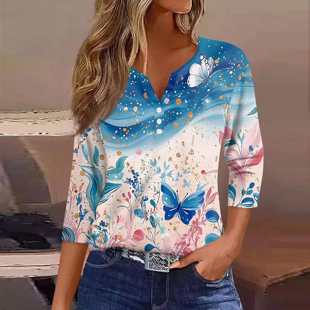 Жен. Футболка С принтом Пуговицы Рукав 3/4 Повседневные Выходные Мода Классический Классический V-образный вырез Обычный Верх
