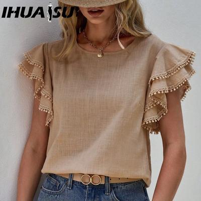 Женская повседневная летняя свободная рубашка с круглым вырезом и короткими рукавами в виде листьев лотоса для женщин