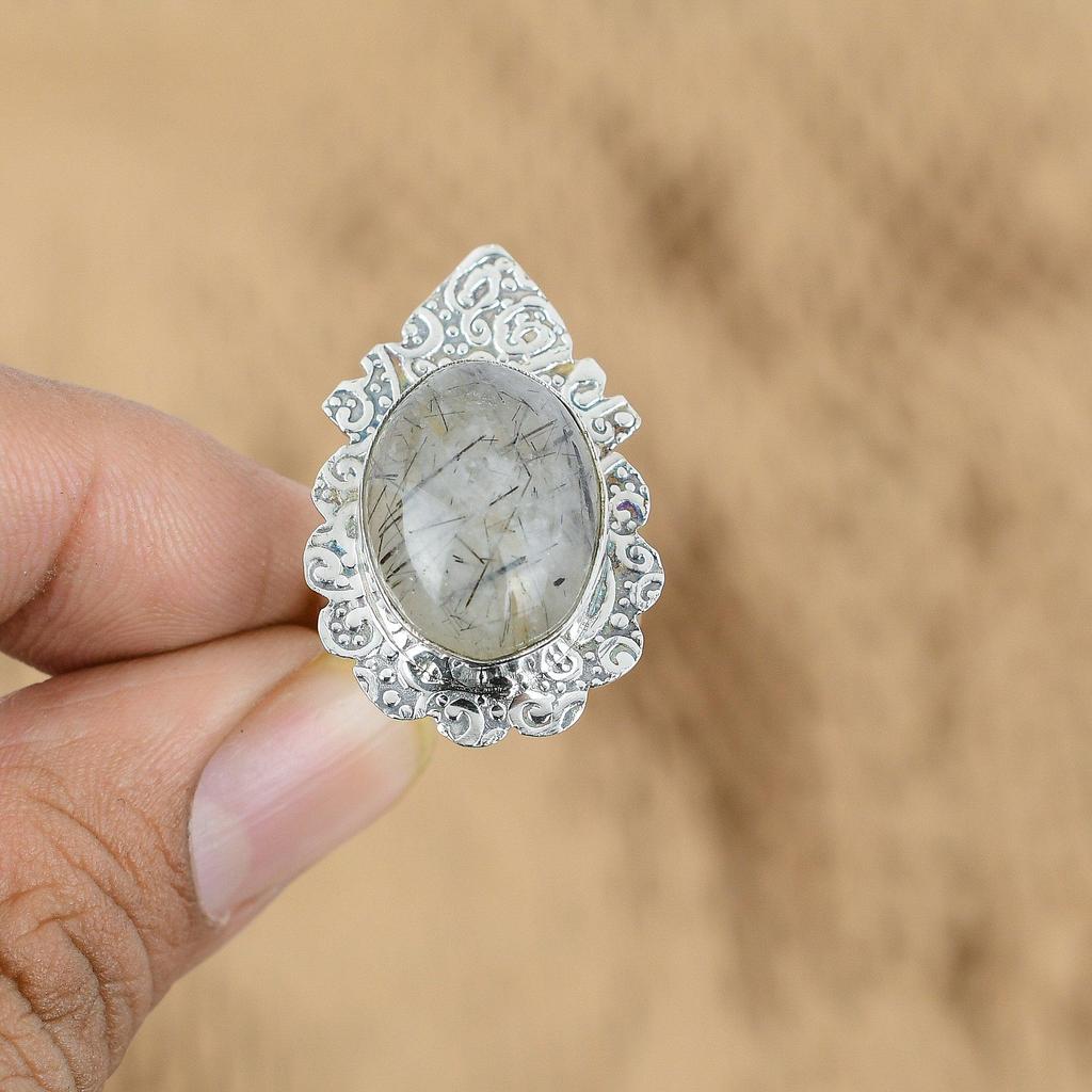 925 Sterling Silver Black Rutile Gemstone Boho Promise Wedding New Ring Jewelry