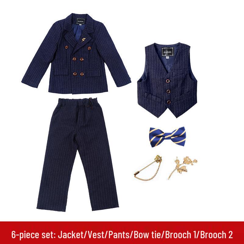 British Style Double-Breasted Boys' Three-Piece Striped Suit Set for Spring and Autumn