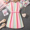 Girls' Fashion Dress 2025 Summer Children's Colorful Striped Printed Short-sleeved Dress