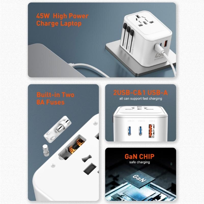 Адаптер с вилками для путешествий по всему миру 45 Вт 65 Вт, поддерживает более 300 стран, с двумя портами USB C и USB A