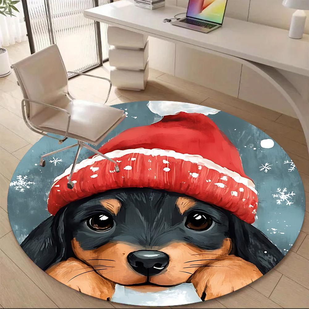 1pc Winter Pup Office Round Area Rug, Indoor Mat Suitable ForOffice, Under Office Chairs Bedroom Living Room Home Decor T196
