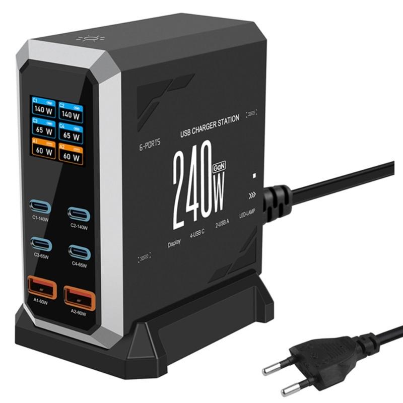 Зарядный адаптер 240 Вт 6 в 1 140 Вт USB Type C Цифровой дисплей Быстрая зарядная станция для мобильного телефона Ноутбука Электроники