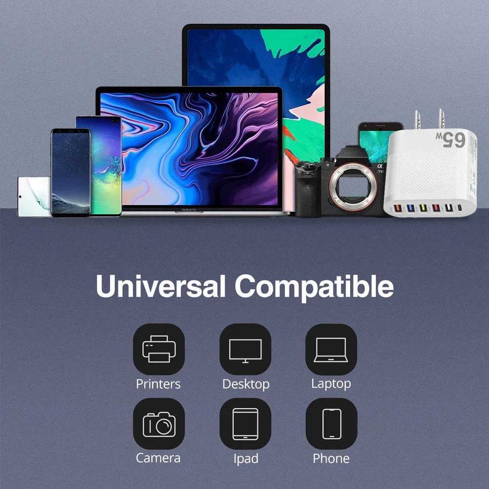 65W PD USB Charger 6 Ports USB Type C Charger Adapter Quick Charge 3.0 Fast Charging For iPhone 14 Samsung Xiaomi Mobile Phone