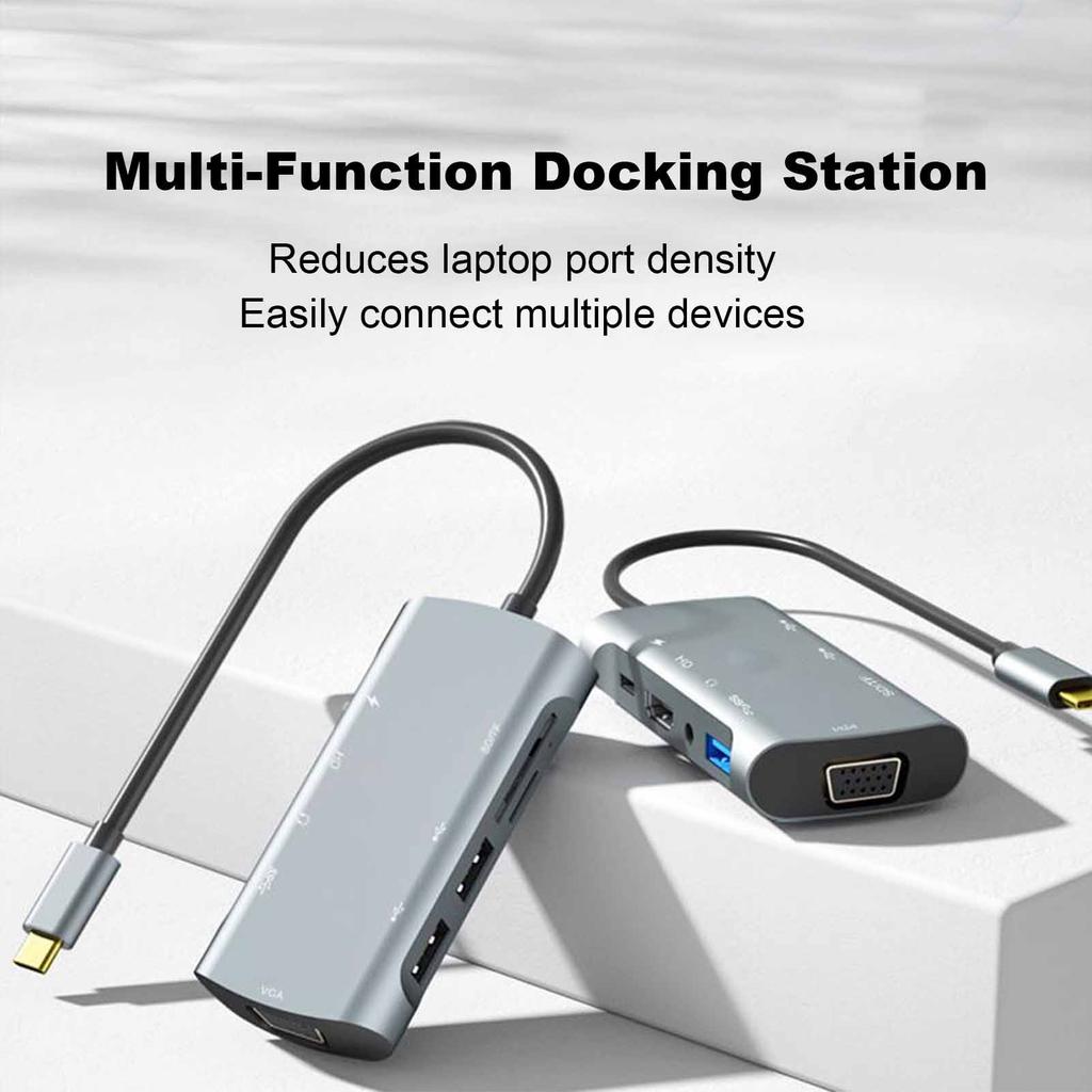 USB C Hub 9 In 1 Docking Station Type C M to PD+USB3.0+USB2.0*2+Card Reader+HD+VGA Support 4K*2K 30Hz Output