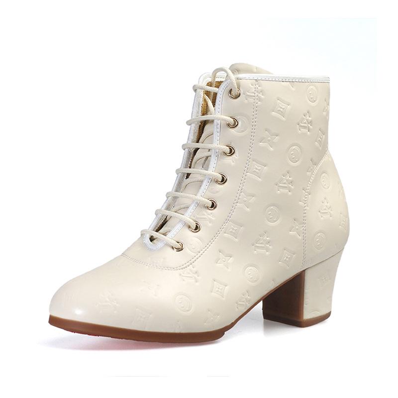 Женская обувь для танцев квадратной формы: Средний/высокий каблук, высокое голенище, мягкая подошва, тисненая кожа, идеально подходит для людей среднего/пожилого возраста, отлично подходит для осени/зимы.