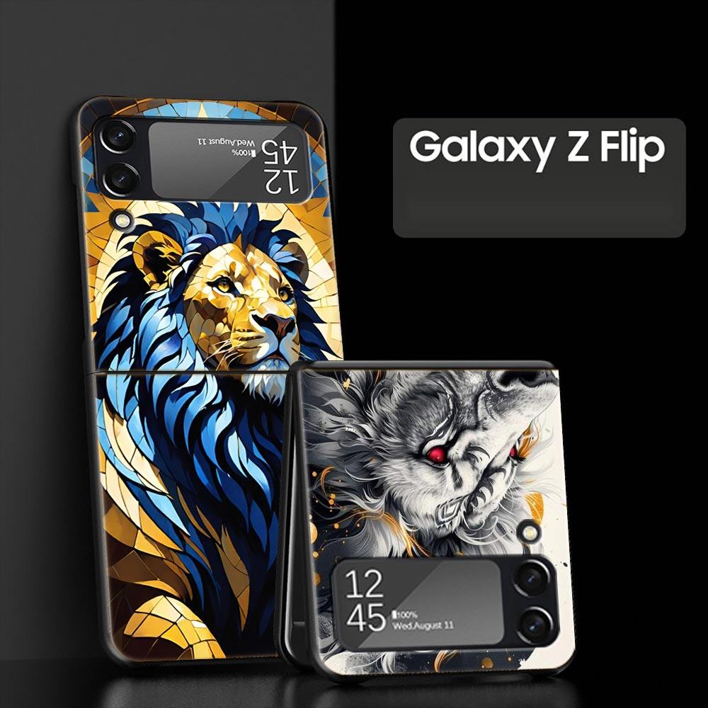 Двухцветный чехол для телефона Samsung Galaxy Z Flip 7 6 5 4 с узором "крест" и изображением льва, из твердого поликарбоната, Черная крышка для Galaxy Z Flip 3, Складной корпус