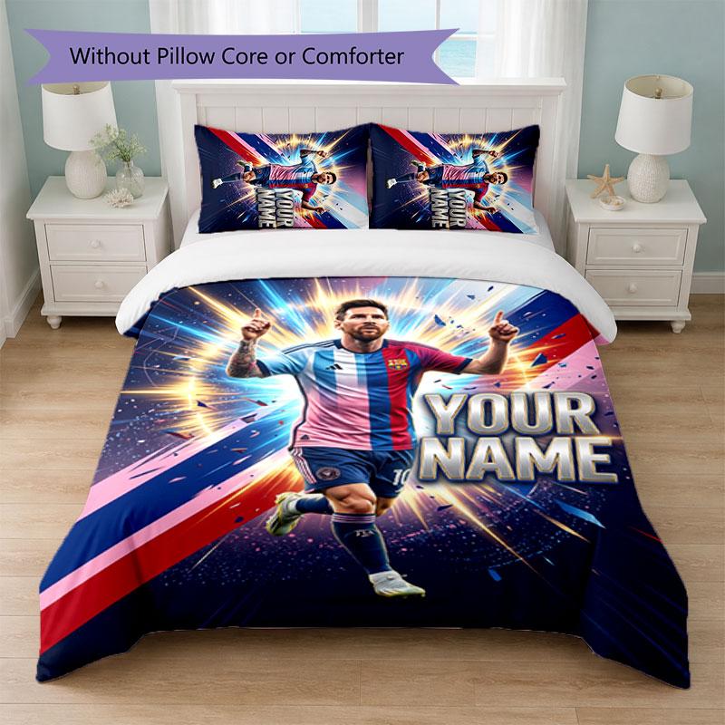 Lionel Messi Custom Name Text Bedding Set 1 Duvet Cover+2 Pillowcases Soccer Logo Personalized Gift For Special Occasion Bedroom Decor