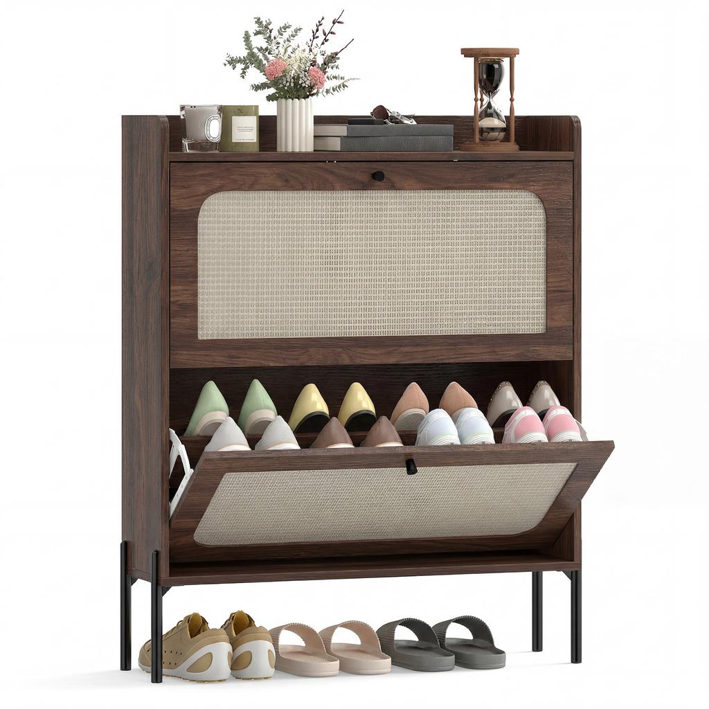 Shoe Cabinet with 2 Flip Drawers, Boho Narrow Shoe Storage Cabinet, Dark Brown