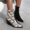 Fashion Brand Women Snake Print Winter Boots Women Ankle Boots Platform Pointed Toe Western Cowboy Boots Female Thick Heel Shoes Botas