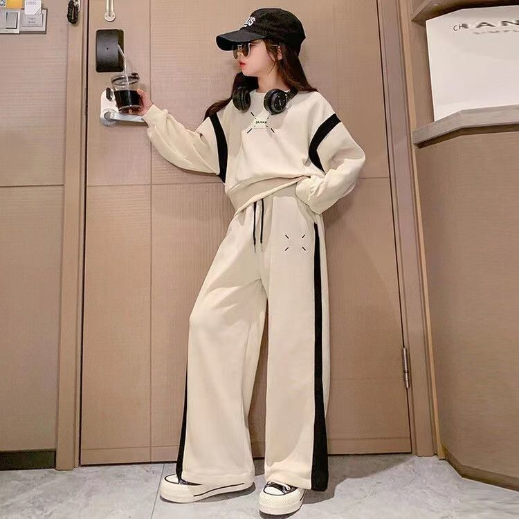 Комплекты одежды для девочек Весна и Осень Лонгслив Худи Широкие брюки Детские костюмы 6 8 10 12 14 лет