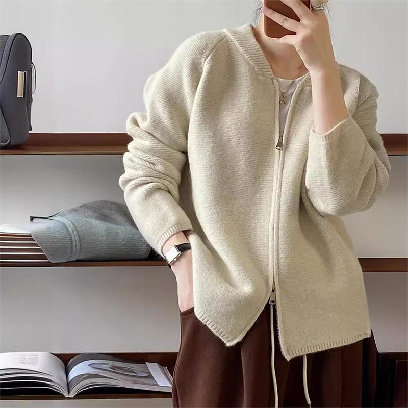 Двойная молния вязаный свитер кардиган женский осень и зима новый корейский ленивый стиль женский свитер прилив