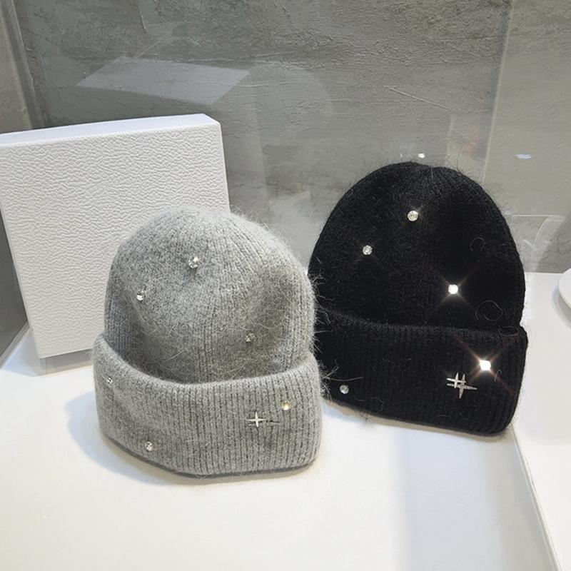 Acrylic Fibre Knitted Brimless Hat with Rhinestones Decors Winter Warm Skull Cap For Women Teens Girl Daily Outfit