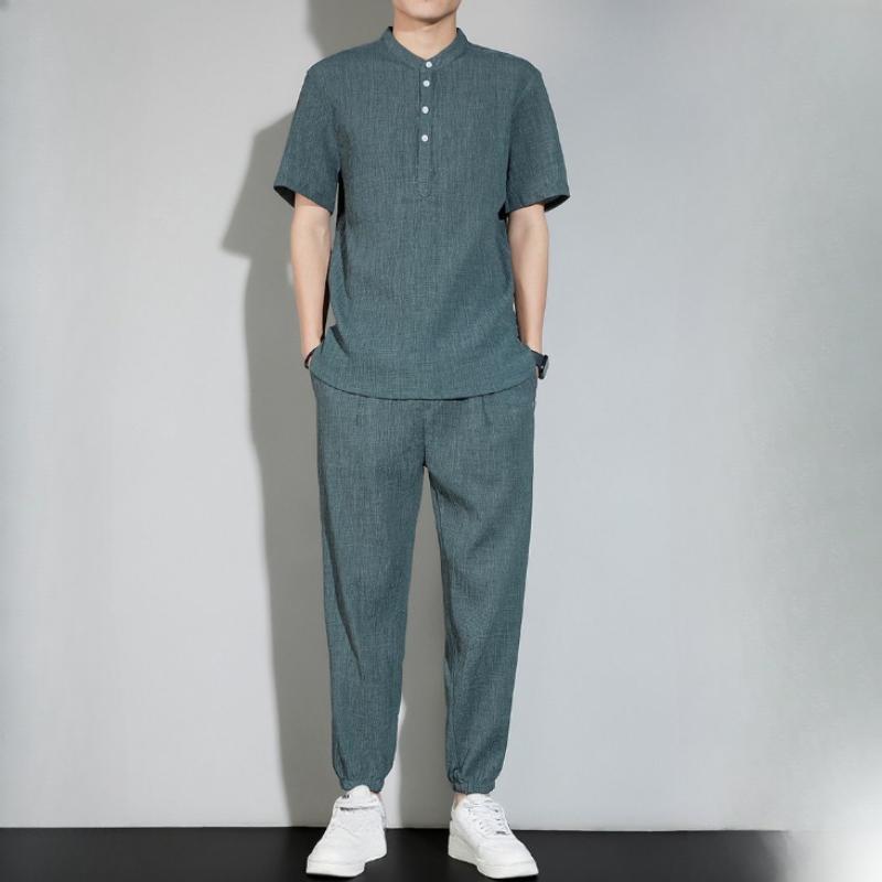 Льняной костюм с короткими рукавами, мужской летний тонкий шелковый свободный дышащий повседневный костюм из двух частей