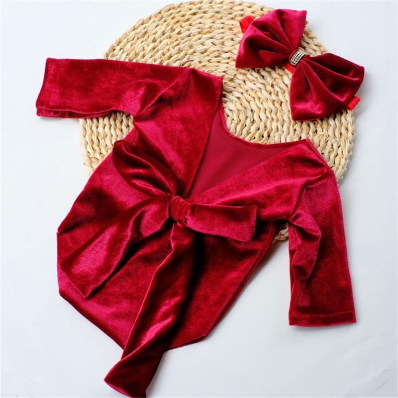 Фотоодежда для маленьких девочек, комбинезон с длинным рукавом, костюм для новорожденных, цельный ромпер, повязка на голову с бантом, фотонаряд для младенца, 2 шт.