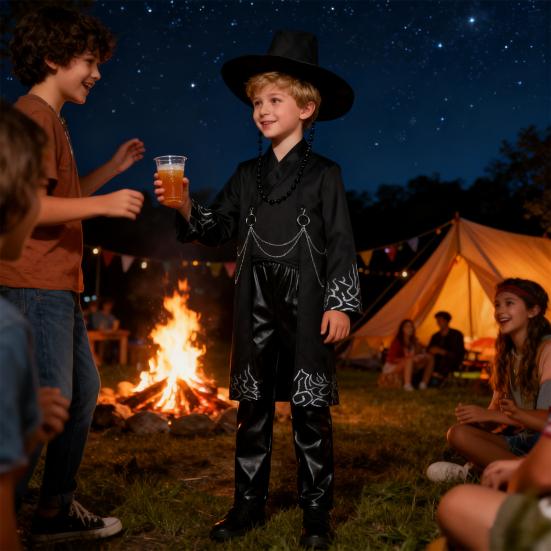 Черный Косплей Костюм Пальто Костюм Наряды Рубашка Брюки Шляпа Ремень Дизайн Вдохновленный Танцевальной Труппой Выгодный Крой Платье для Выступлений