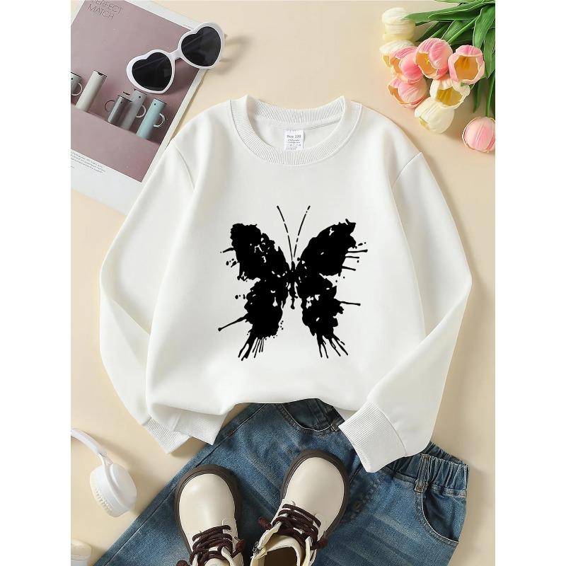 Girls' Round-Neck Hoodie | White Butterfly Splash Pattern Print, Machine Washable, Spring and Autumn