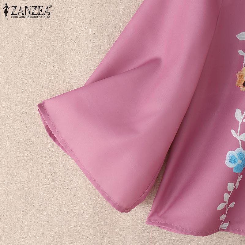 ZANZEA Женская повседневная блузка с круглым вырезом и рукавом 3/4 с цветочным принтом