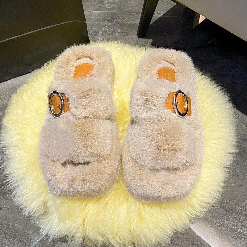Осенние и зимние тапочки с квадратной головкой из меха, пряжка для ремня, модное утолщение, подчеркивающее внешний вид дома снаружи, теплые тапочки