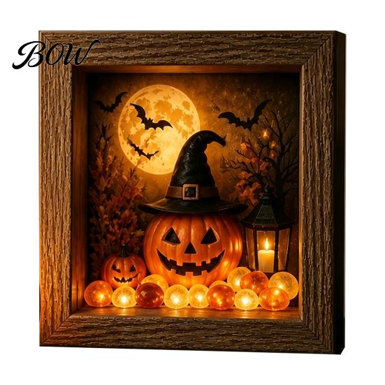 Carved Halloween Figures Lighted Frame Ornaments, Light Up Shadow Box, Warm Decorative Accents Atmosphere LED Lights for Home Living Room Bedroom
