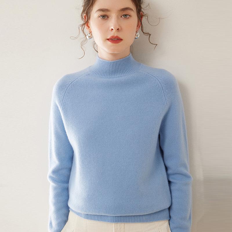 Women's 100% Pure Cashmere Soft Knit Sweater, Half-High Neck, Loose, Skin-Friendly, Slimming Base Layer