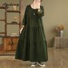Large Size Spring Autumn Women Maxi Long Dress O Neck Green Baggy Denim Tiered Dress Layered Ruffles Vintage Ladies' Dresses