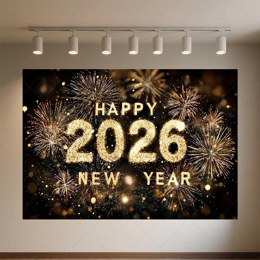 Black Gold New Year Background Banner Glitter 2026 Happy New Year Backdrop Supplies Balloons New Year Party Decoration Gifts