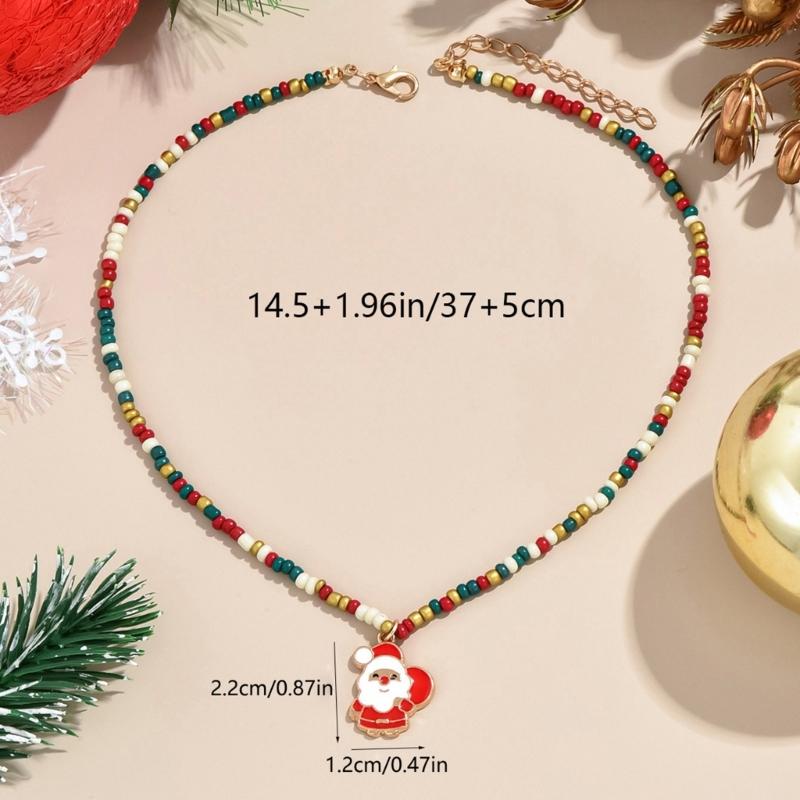 Rice Beads Christmas Tree Necklace Handmade Christmas Necklace for Women Colorful Beads and Festive Ornament Charm