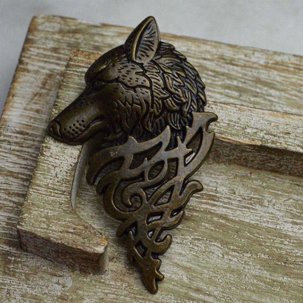 Women Nordic Goth Black Metal Bronze Viking Shirt Accessory Badge Wolf Head Brooch Lapel Pin