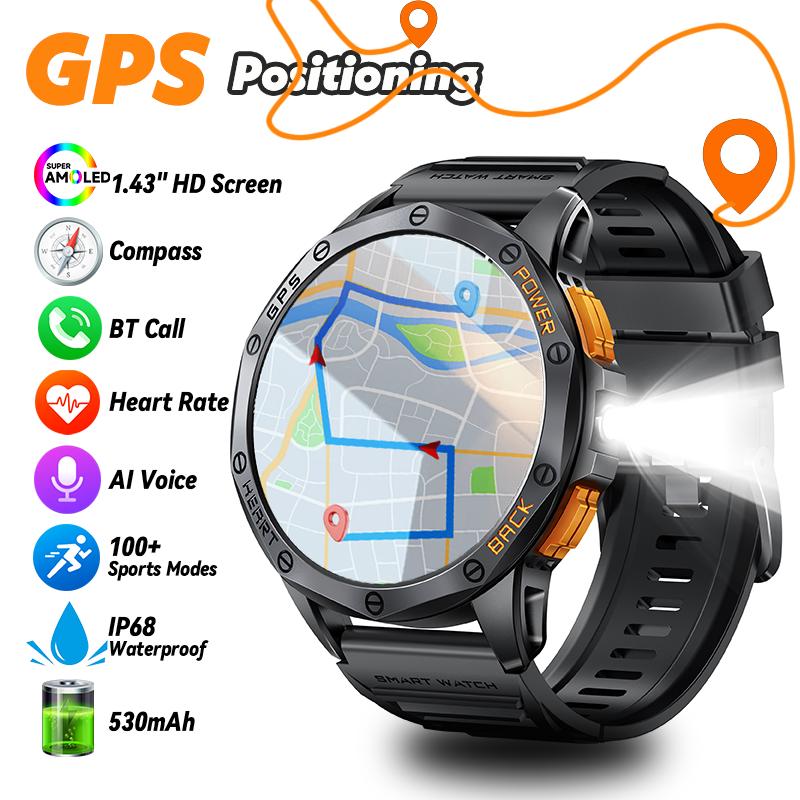 Военные GPS Смарт-часы Мужские AMOLED HD Экран Bluetooth Звонок Пульсометр Светодиодный Фонарик Компас 530 мАч Смарт-часы Новые