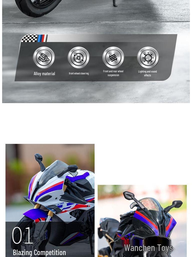 Alloy 1:10 BMW S1000RR Motorcycle Model with Sound and Light Features