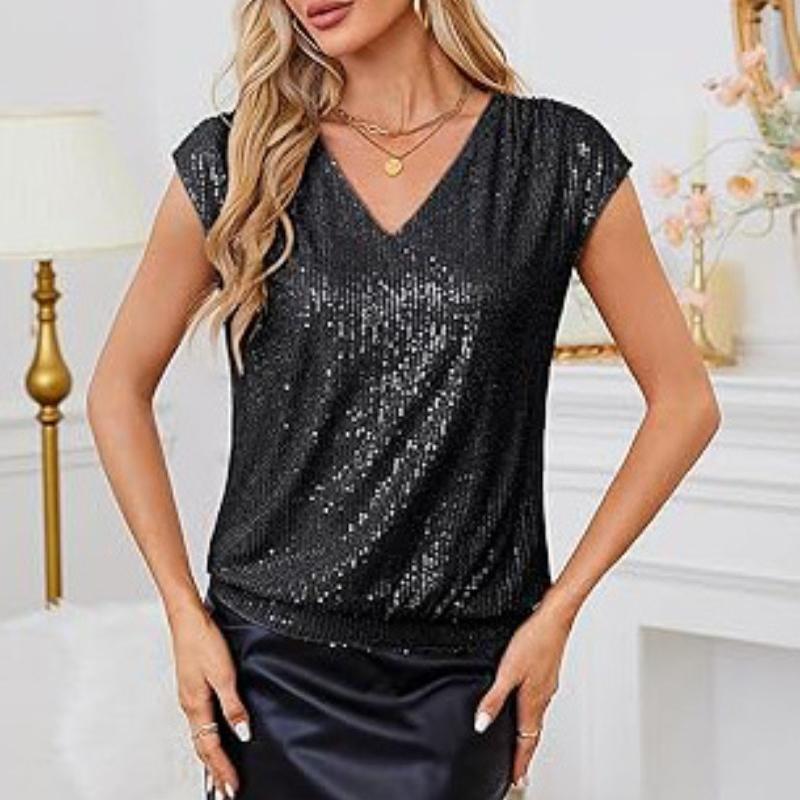 Summer New Sleeveless Sequin Casual Loose Shirts for Women Elegant Slim Fit V-neck Solid Blouses Women Elegant Simple Fashion Ladies Shirt Tops 26422