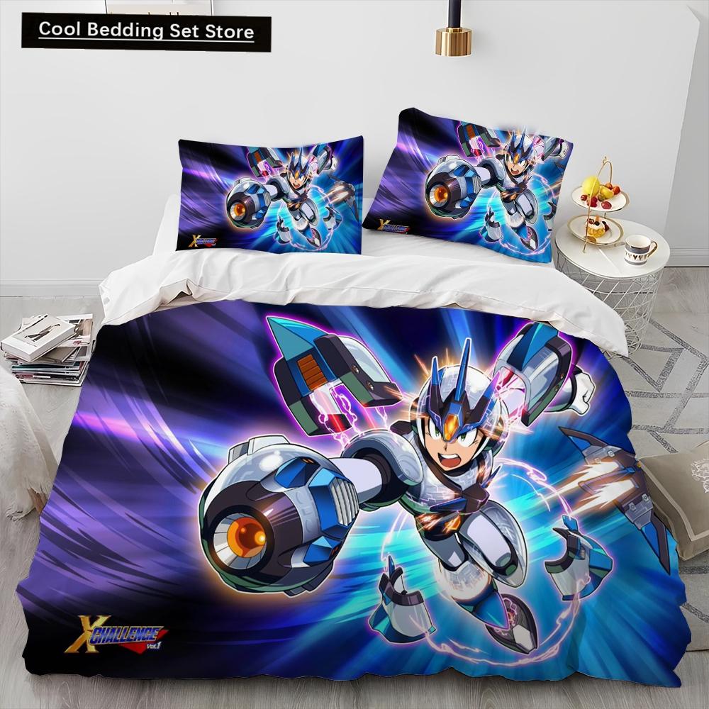 3D Рокмен Мегамен Игра Мультяшный Комплект Постельного Белья Одеяло Пододеяльник Наволочка,Королевский Размер Квинсайз Детский