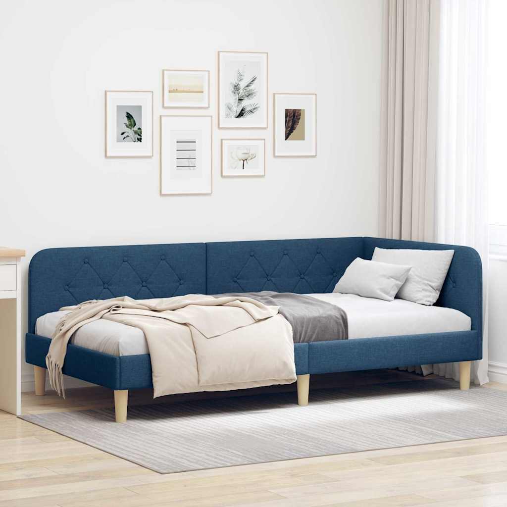 Corner Bed Frame Blue 90 x 190 cm Fabric