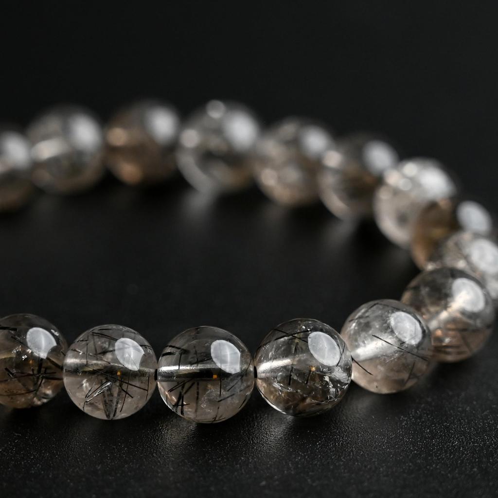 Черный Дымчатый Кварц с Рутилом Браслет Турмалин на запястье 16 см Лимитированный Натуральная Сила Молитва Удача Фэн-шуй [Eigado] (Черный кварц), Камень 9,5 мм,