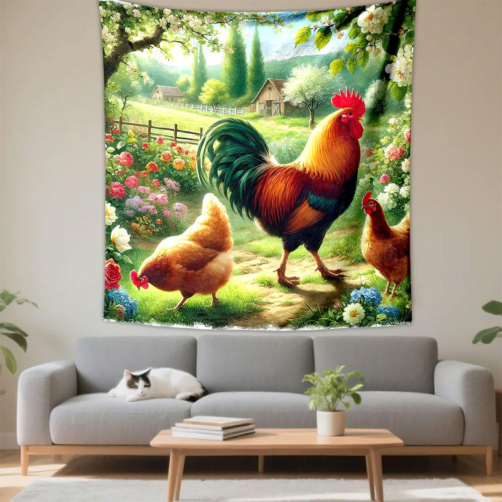 "Colorful Rooster and Hens in Floral Farm" Patterned Tapestry Decorative Wall Hanging, Home Bedroom Living Room Decor