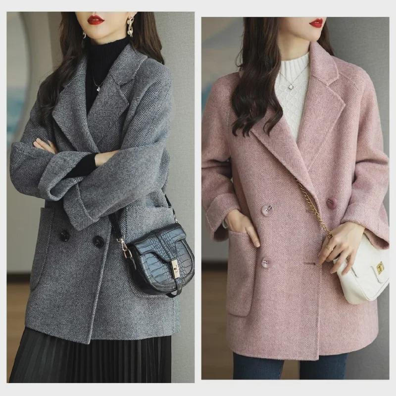 Женское миниатюрное универсальное шерстяное пальто средней длины - мода осень/зима 2023 года, свободный облегающий крой, стильный узор «елочка»