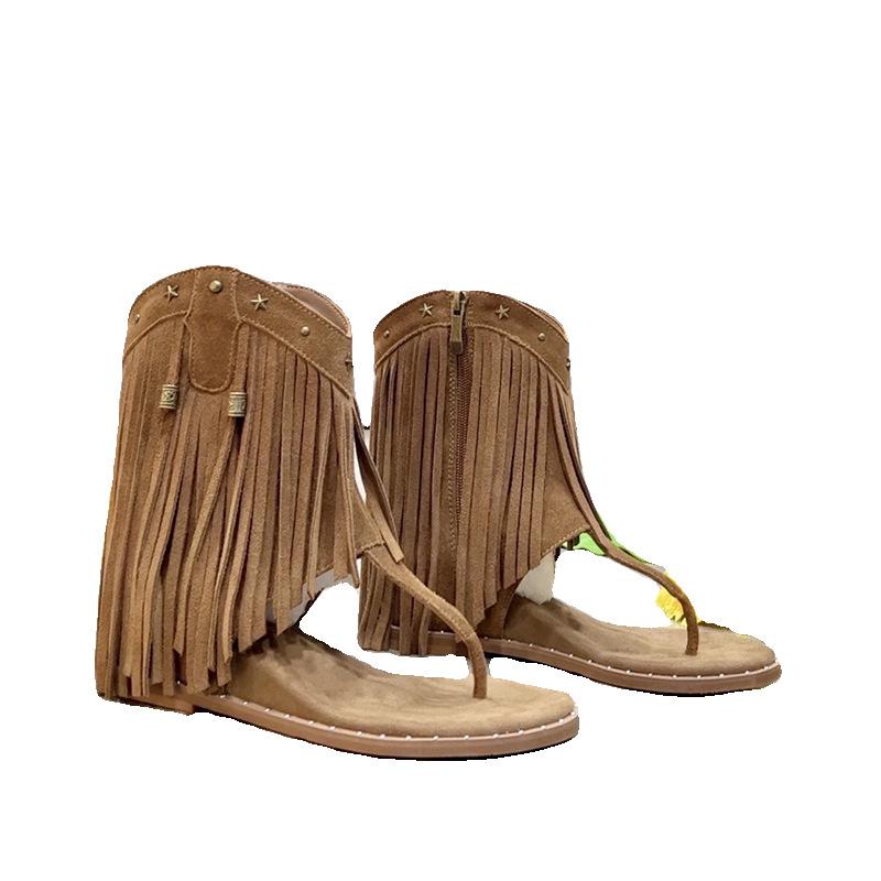 Spot second hair! Tassel rivet herringbone clip sandals new inner height increase side zipper Roman cool boots western boots