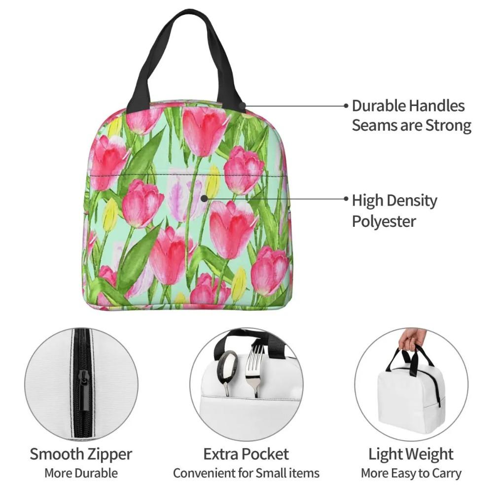 Chic Pink Floral Tulip Painting Insulated Lunch Bag for Women Kids Portable Food Boxes Thermal Lunch Box Tote
