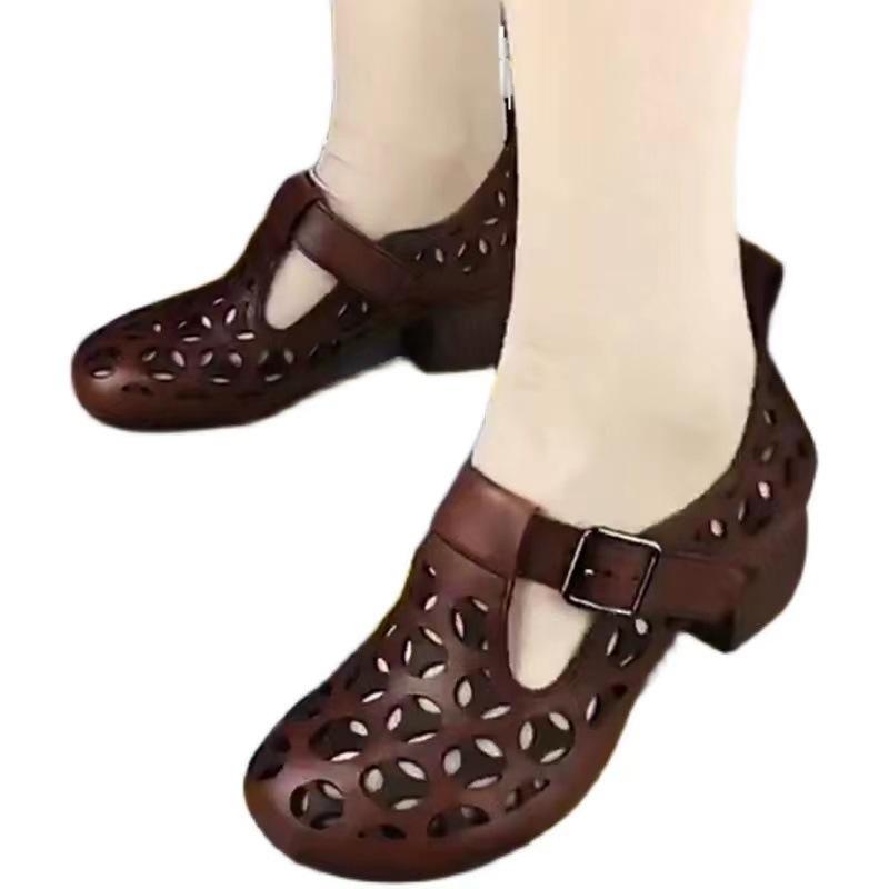 Ethnic Style Retro Casual Real Soft Leather Single Shoes Women's Year Thick Heel Soft Sole Mother Shoes Hollow Hole Shoes