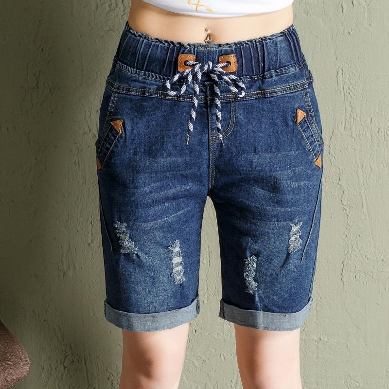 Джинсовые шорты большого размера для девочек, весенние эластичные свободные рваные брюки с высокой талией и широкими штанинами