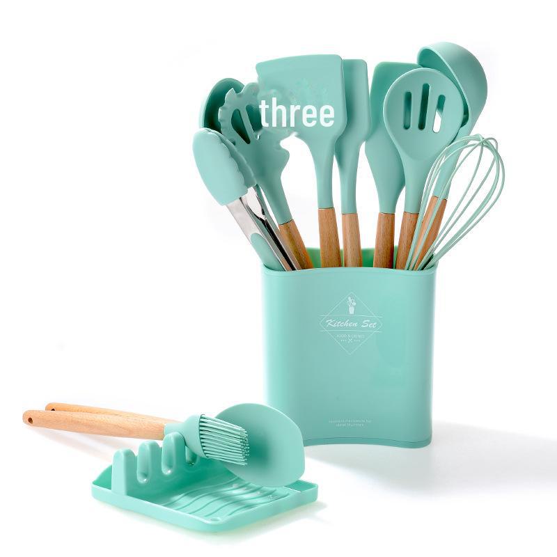 Набор из 12 сковородок с антипригарным покрытием и деревянными ручками: Включает кастрюлю, лопатку, ложку для супа и лопатку для жарки - Силиконовые кухонные принадлежности