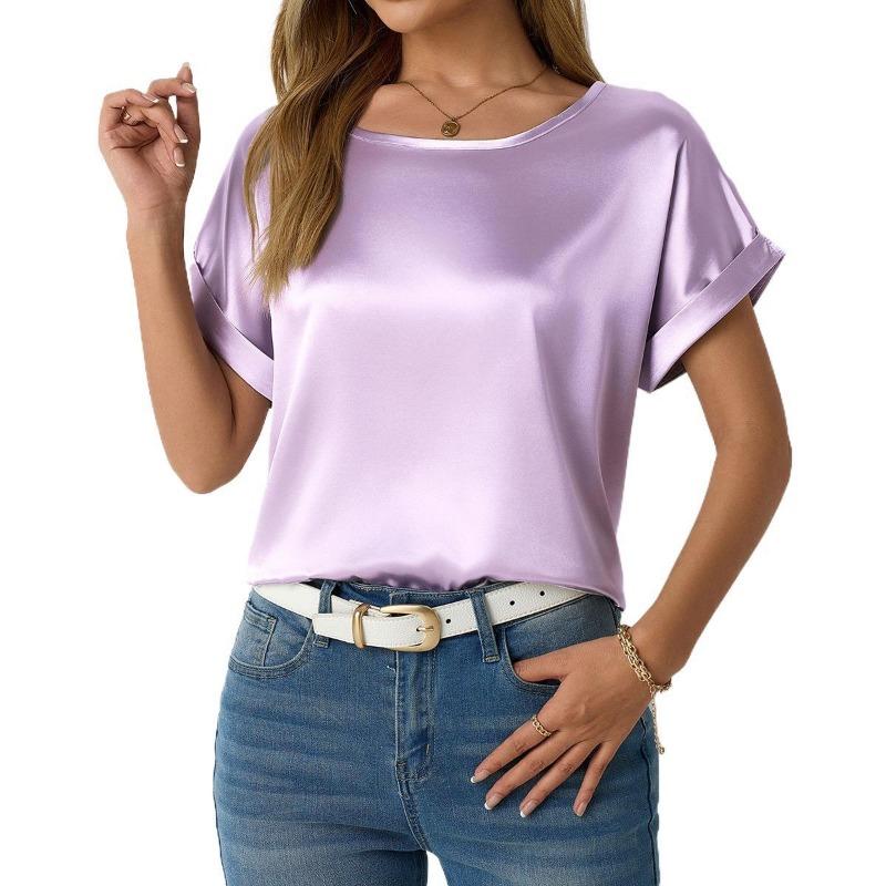 Women's Spring Summer Short-sleeved Satin Shirt Loose Casual Color T Shirt